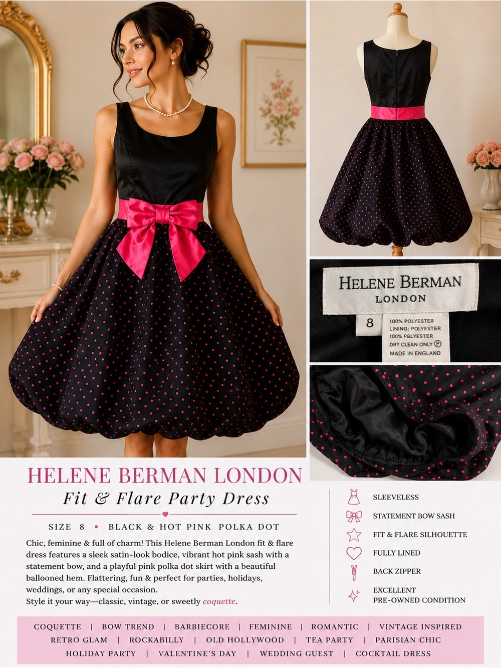 Helene Berman London fit & flare dress black pink polka dot bow size 8 coquette